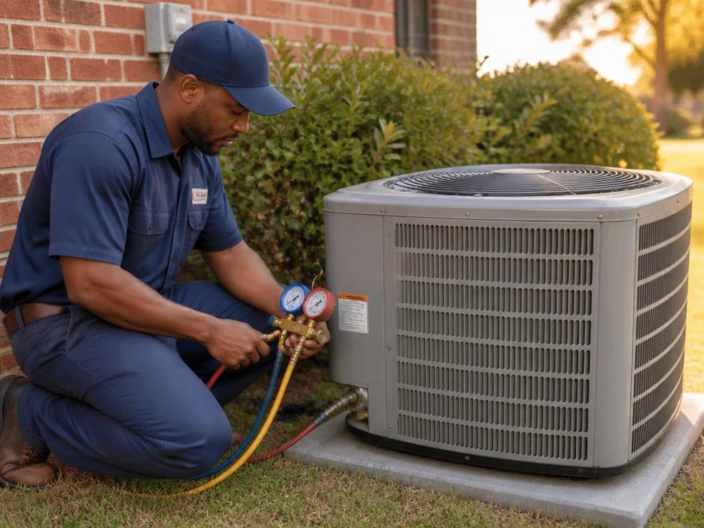 HVAC technician servicing an outdoor air conditioning condenser unit beside a home